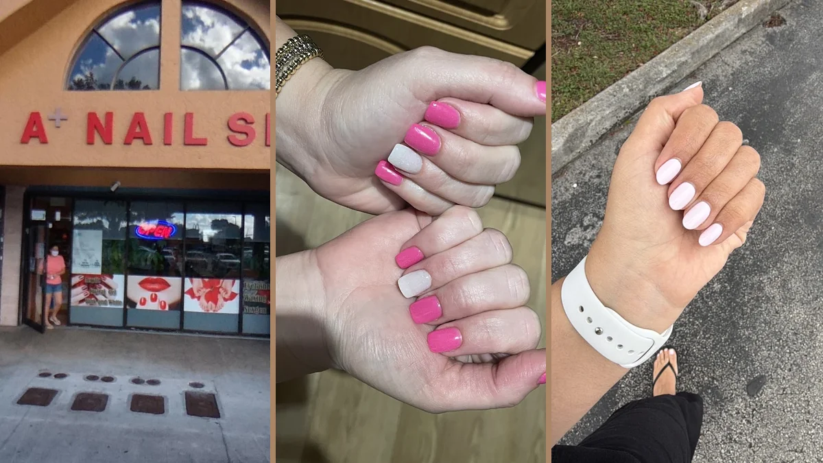 Nail technician shaping acrylic nails at a salon station.