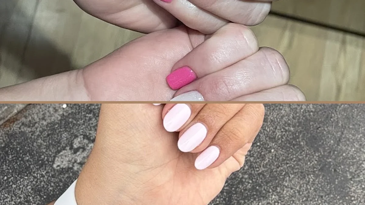 Close-up of a fresh gel manicure with glossy color.