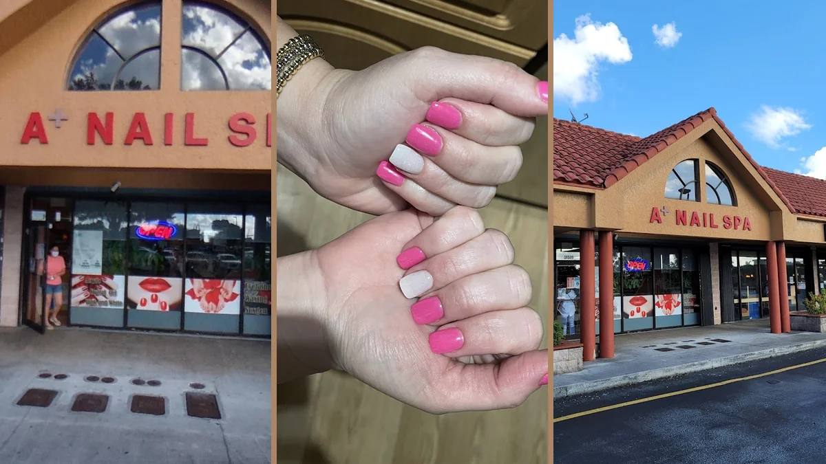 Nail technician shaping acrylic nails at a salon station.